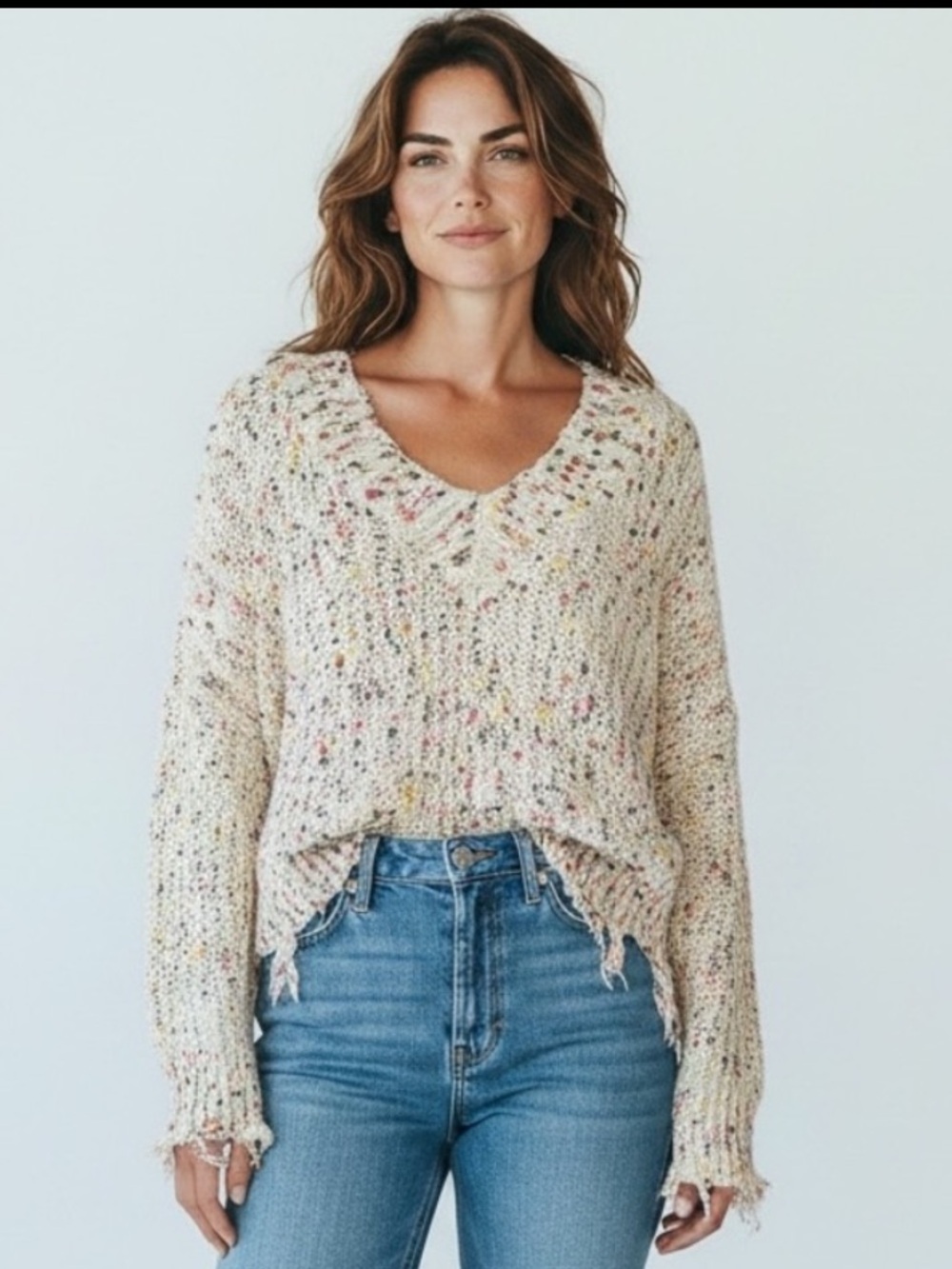 Main Strip Cream Multicolor Speckled V-Neck Sweater